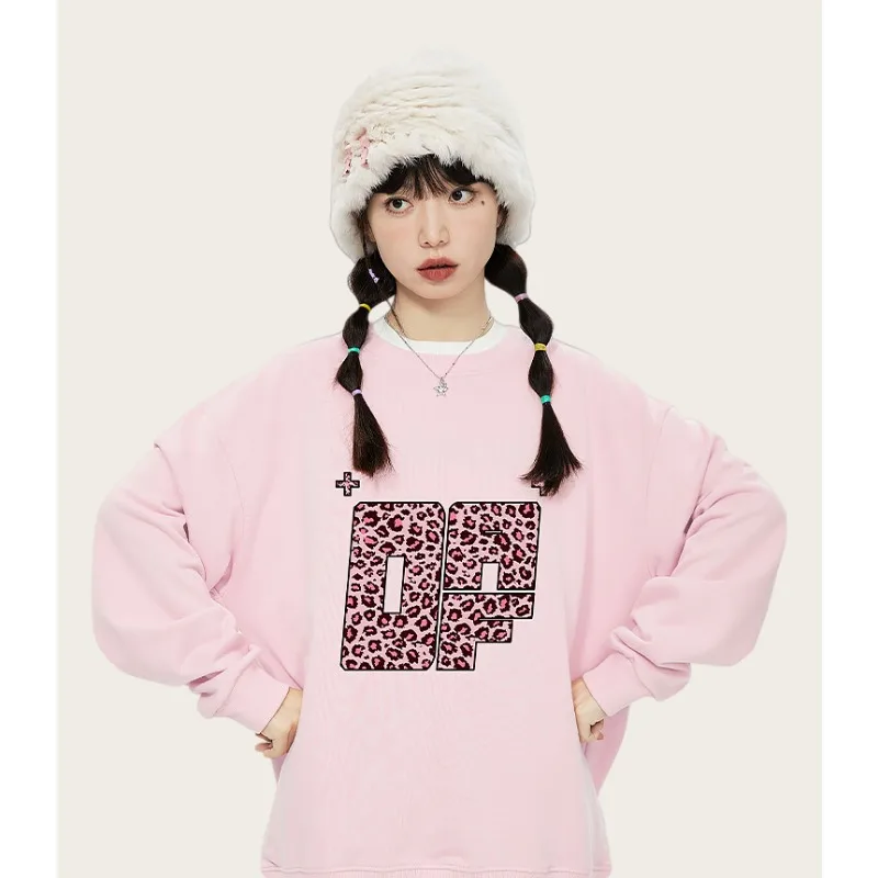 

New Autumn and Winter Leopard Print 3D Printed Round Neck Hoodie Without Hat, Warm Single-sided Velvet, Fashionable Couple