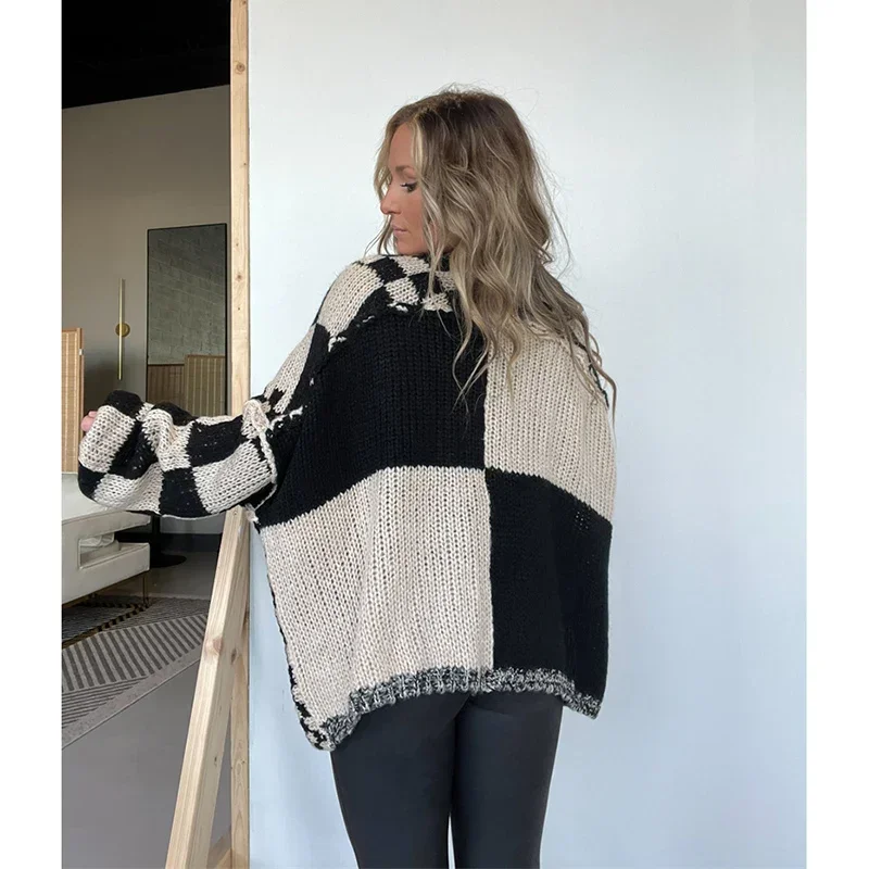 Nova moda feminina 2024 outono e inverno popular contraste camisola feminina solta cardigan de malha chique senhora streetwear