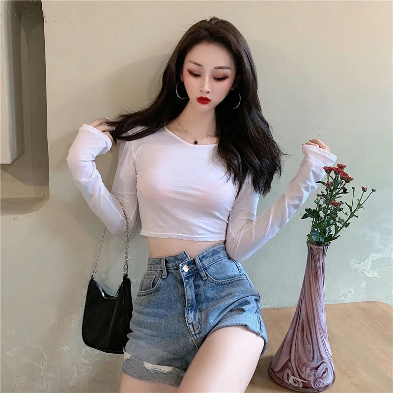 High Waist Long Sleeve T-shirt Women Sexy Open Short Top Blusas Clothes for Women Tops Shirts Blouses