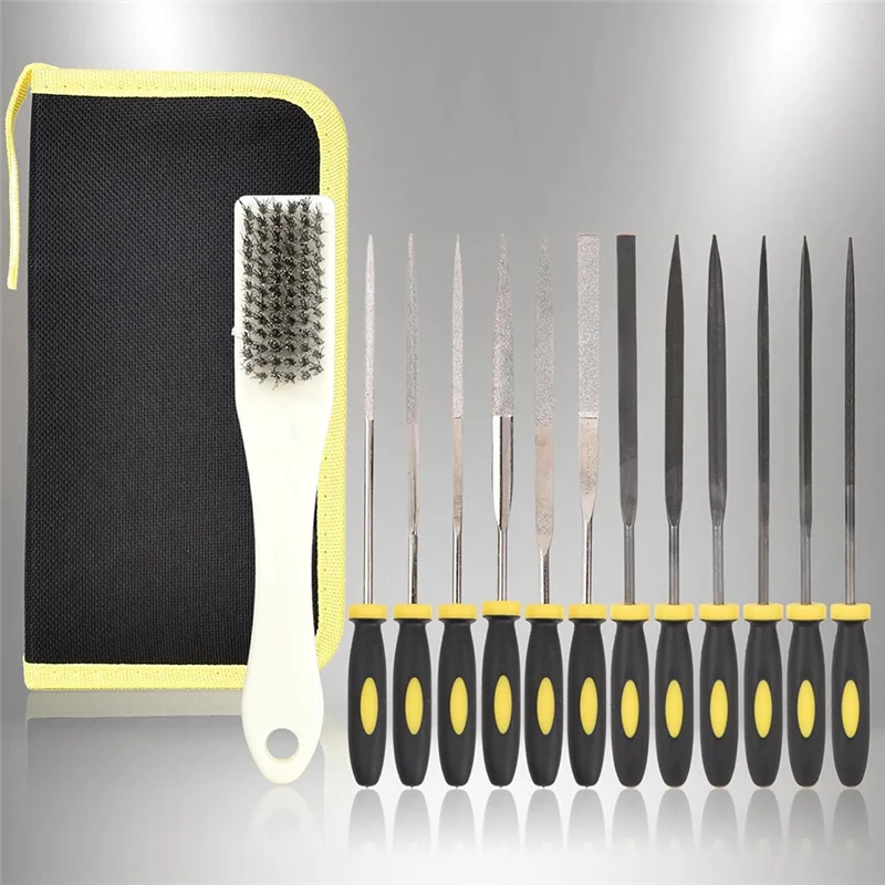 【Popular】13PCS Needle Files Set,6 Diamond Files & 6 Steel File Sets And Cleaning Brush & Case With Handle