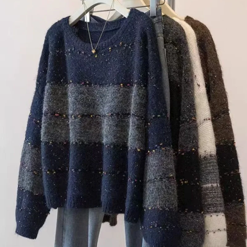 الخريف والشتاء جديد الصوف جولة الرقبة سترة فضفاضة التباين سميكة متماسكة قاع قميص