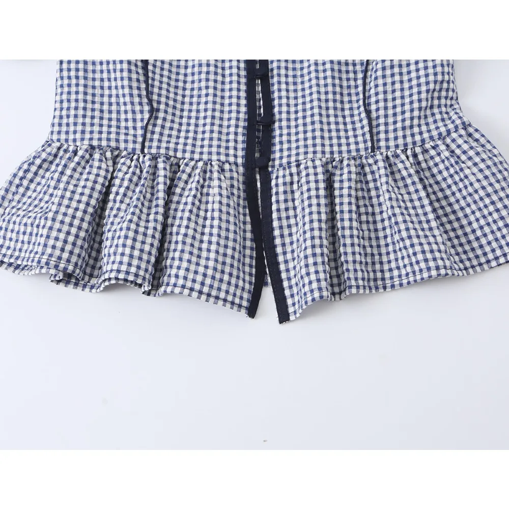 New in Summer Women Gingham Peplum Blouse with A-line Hem Elegant Stylish V-neck Short Balloon Sleeves Blouse with Elastic Cuffs 3