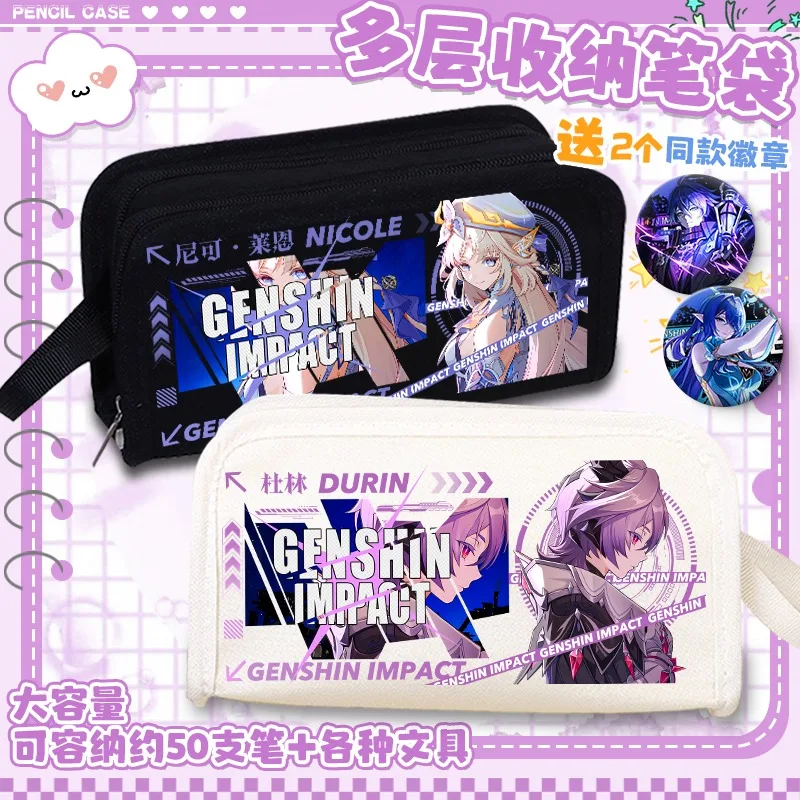 Anime Genshin Impact Flins Lauma Aino Durin Nicole Reeyn Nefer Varka Columbina Oxford doble capa cremallera Flip lápiz estuche