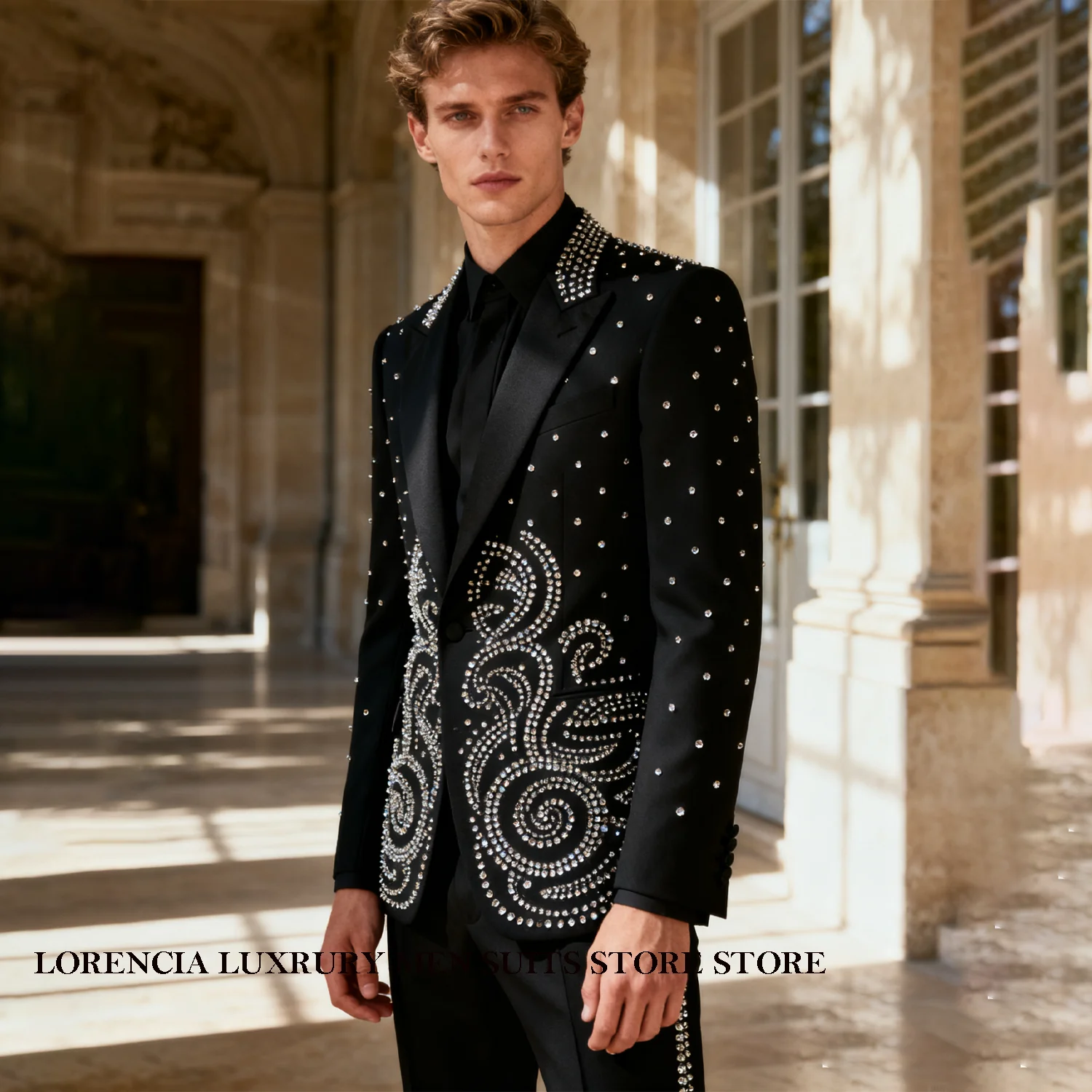 

Customized Exquisite Crystal Diamond Men Wedding Tuxedo Groom Male Blazers Slim Fit Single Breasted s 2 Pieces Sets Ropa hombre