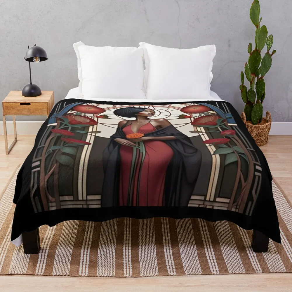 Beautiful Woman With Red Flowers Throw Blanket Hair Moving Blankets