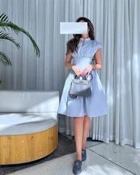 Customized Jiayigong A-Line Fold Blue Formal Evening Gown Prom Knee-Length O-Neck Party Bridesmaid Dresses for Women 2023