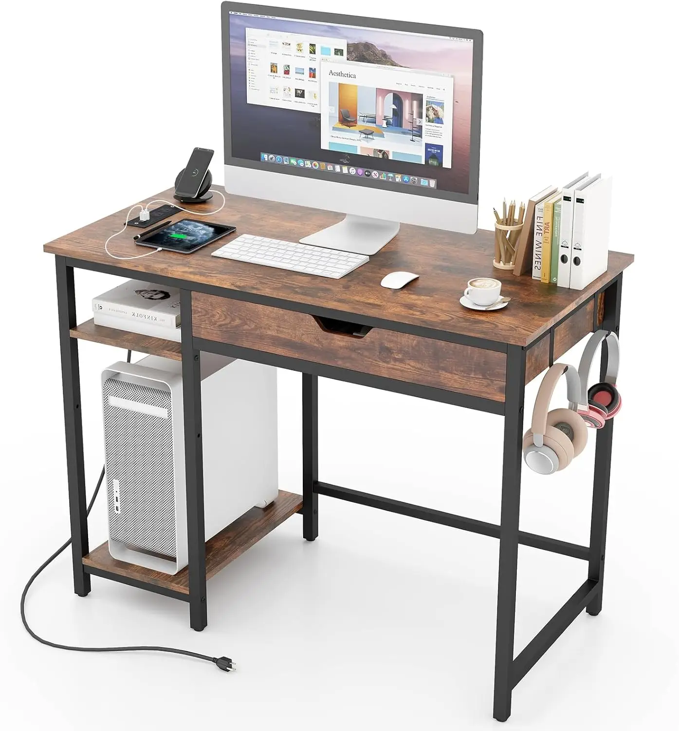 

Computer Desk with Drawer, Writing Desk with Power Outlets, Storage Shelf, Monitor Stand, Gaming Desk Table Workstation