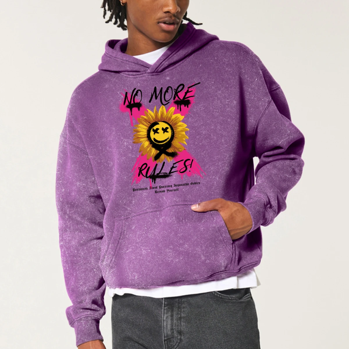 Sunflower Smiling Face Hoodie Men Retro Washed Hoodies No More Rules Letter Cotton Pullover Cartoon Style Sweatshirt Clothing