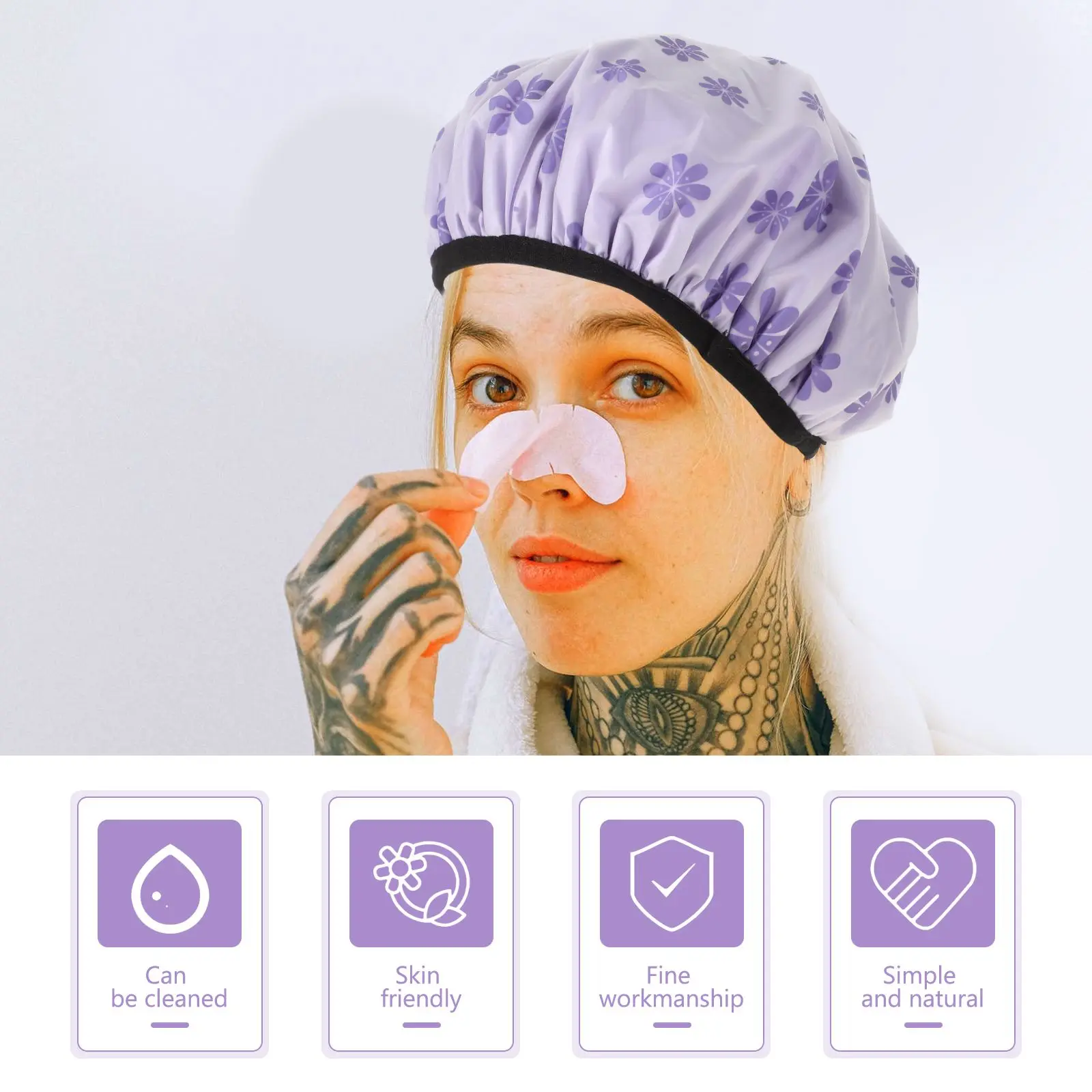 Gorros de ducha impermeables, gorros de baño reutilizables para secado de cabello, ajuste elástico suave, corazón púrpura, corazón rojo, copo de nieve azul, 4 Uds.