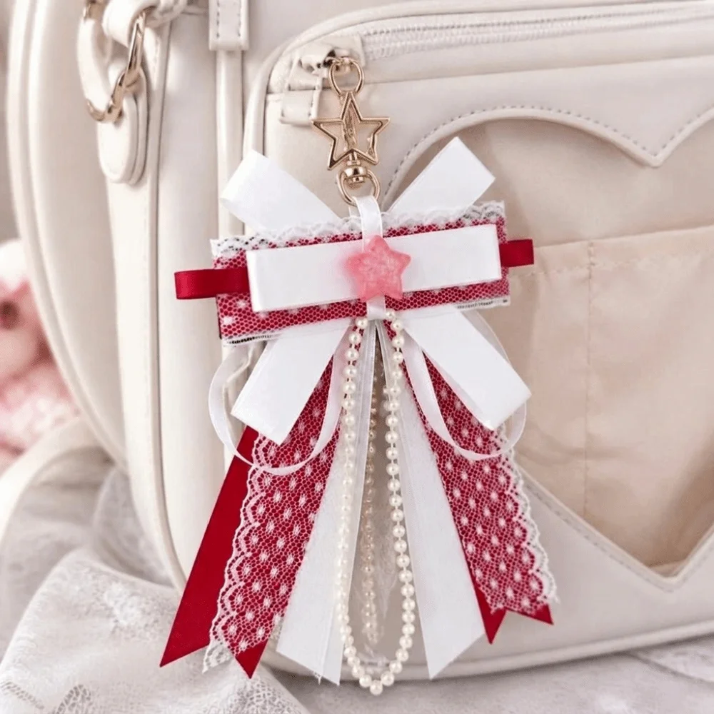 Star Lolita Polka Dot Lace Bow Pendant Imitation Pearl Handmade Jewelry Itabag Keychain Charm Long Streamers Itabag Decoration