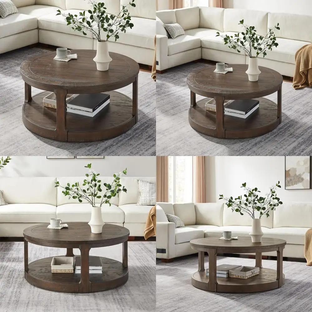 

Traditional 2-Tier Round Wooden Coffee Table for Living Room, Rustic Industrial Style