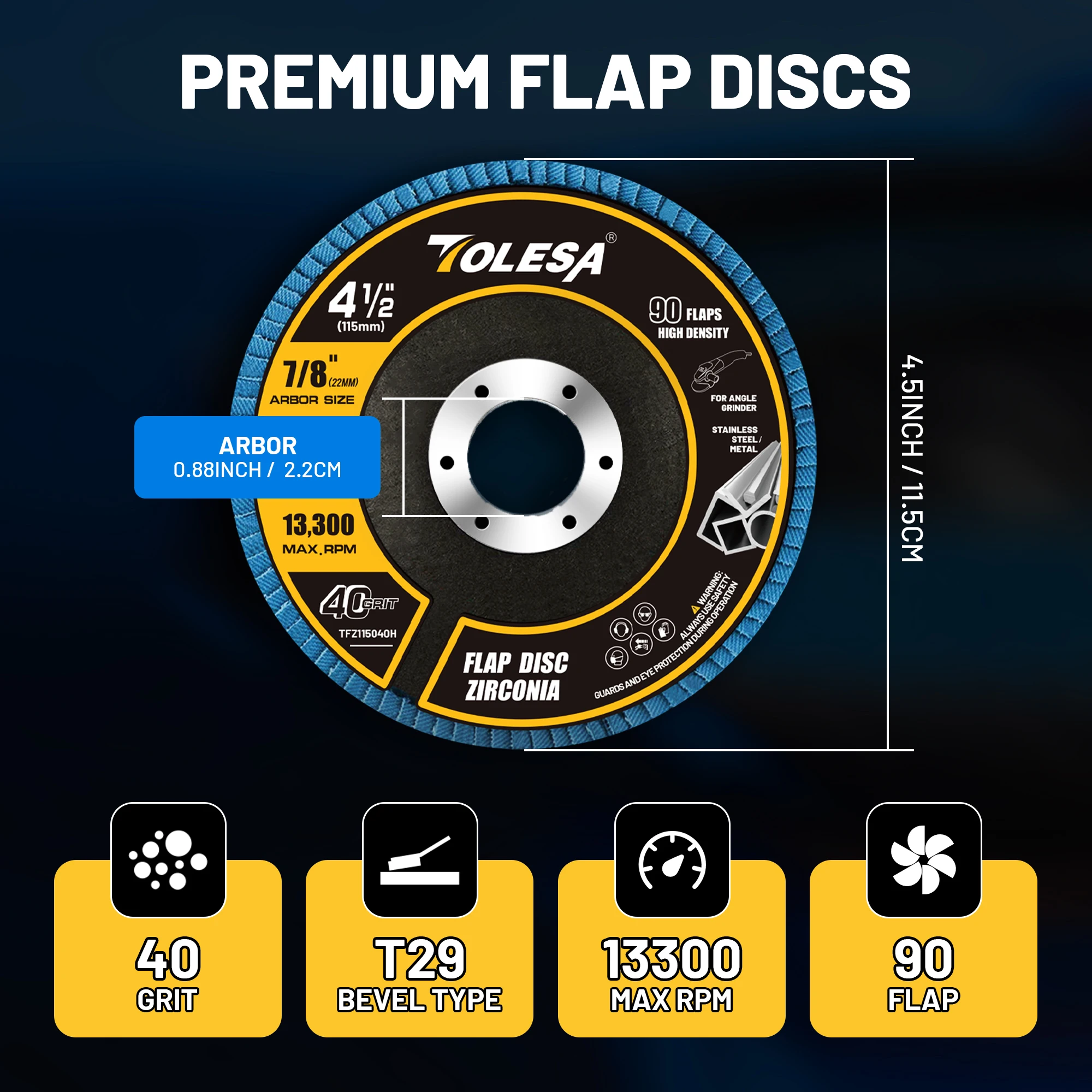TOLESA 10PC Flap Disc 40Grit 115mm Sanding Disc Grinding Wheel Rotating Abrasive Polishing Disc For Angle Grinder Metal Grinding