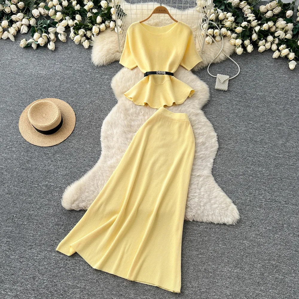 

Women Two Piece Sets Skirt Set Round Neck Short Sleeve Knit Top Long Skirts A Line High Waist Y2k Streetwear Elegant Work Spring
