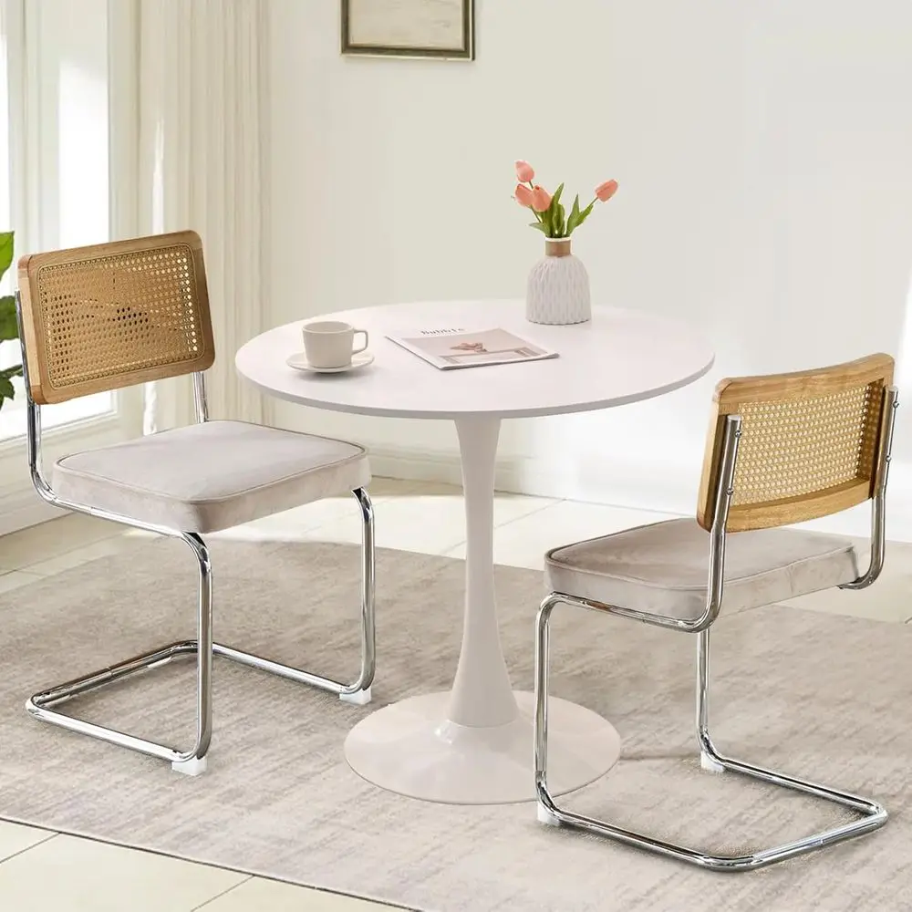 

Элегантный круглый обеденный гарнитур диаметром 31,5 фута с бархатными стульями для небольших помещений, бежевый/белый