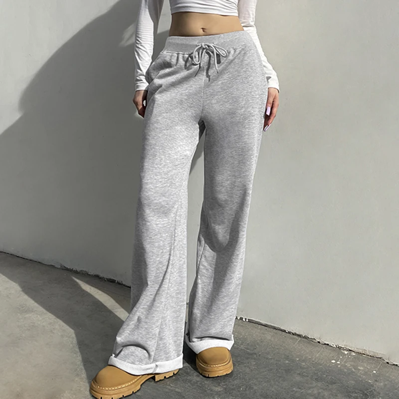 BIIKPIIK Drawstring Burr Women Casual Pants Simple All-match Solid Straight Trousers Autumn Winter Slacks Streetwear Sweatpants