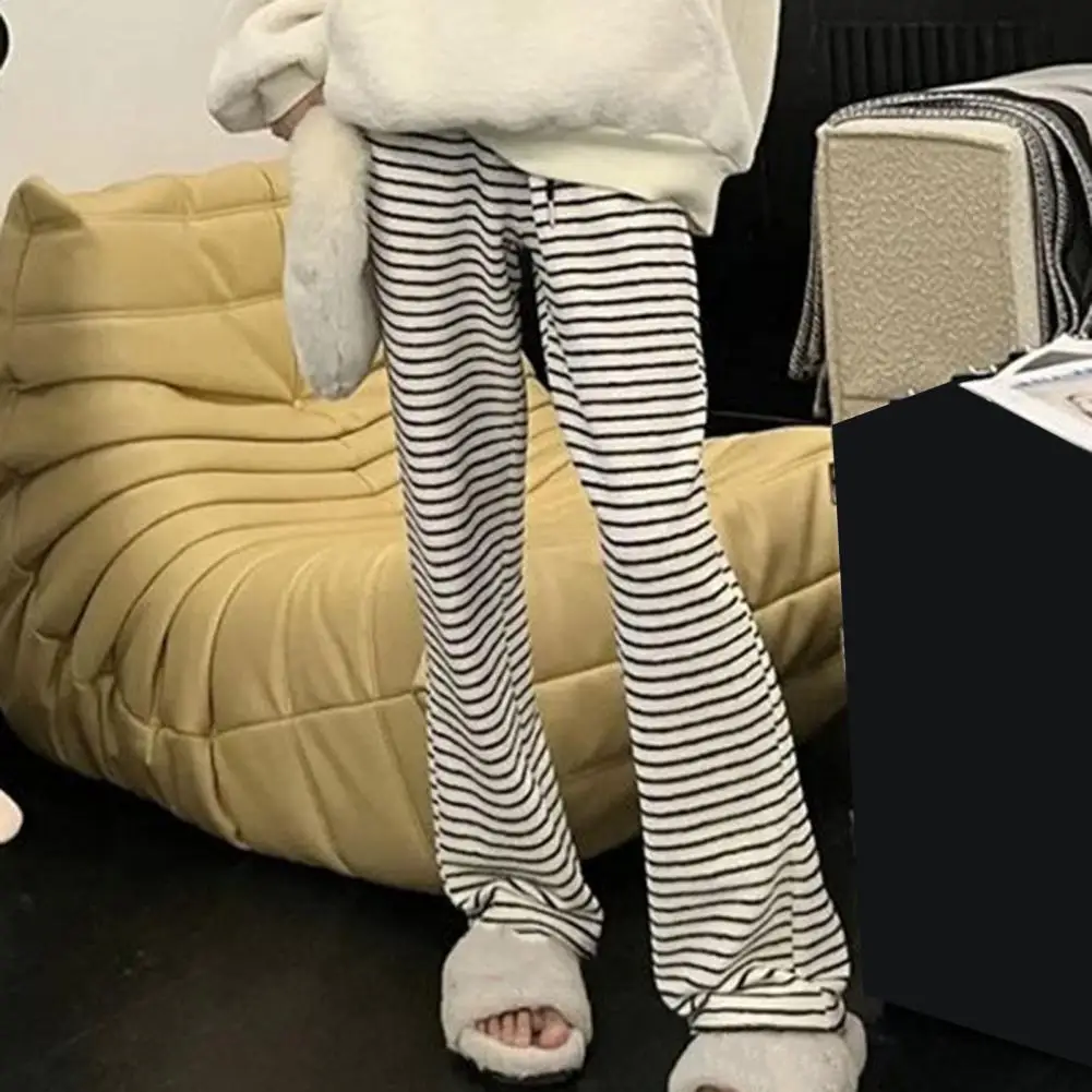 Women Knitted Pants Striped Print Wide Leg Loose Trousers Drawstring Elastic Waist Casual Pants Soft Straight Fall Trousers