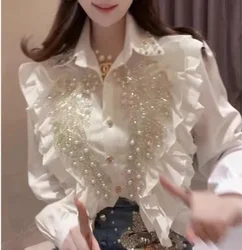 Sparking Sequined Beaded Stitch Short Shirts and Blouses Women's Spring 2024 Single-breasted White Black Top Female Clothing