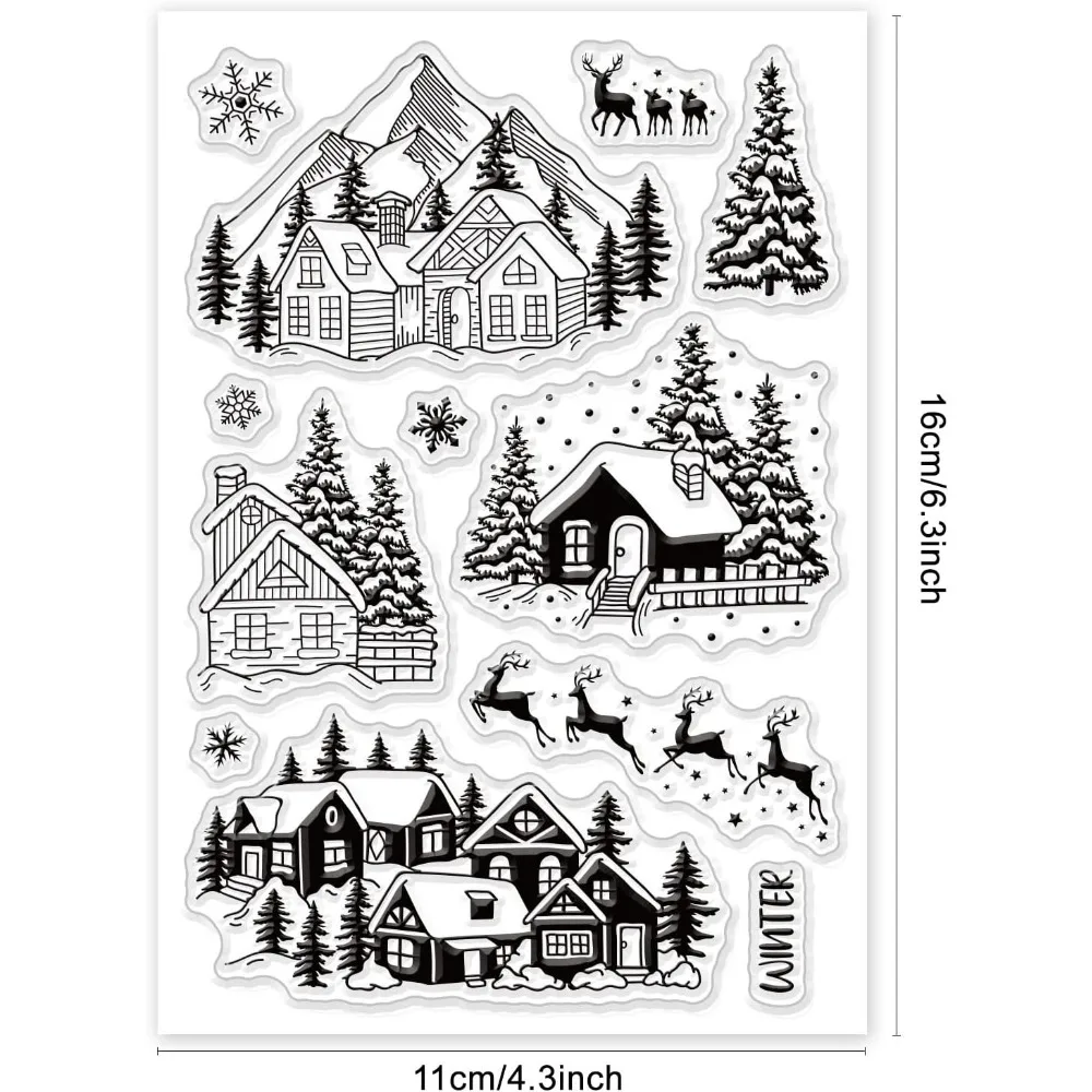 Winter Theme Clear Stamps, Snow House Elk Snowflake Holy Tree Silicone Stamps for Card Making Decoration and DIY Scrapbooking