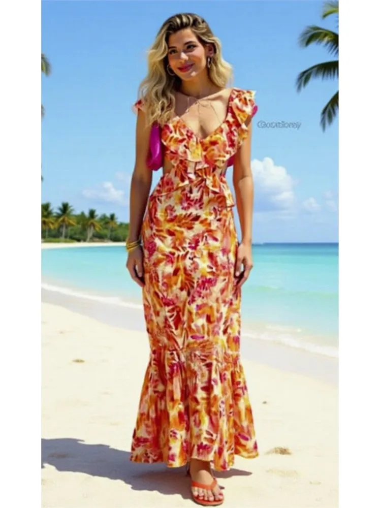 

Ruffled V-neck Suspender Dress 2026 Summer New Sleeveless Beach Style Printed Vestidos Holiday Fashion Women's Casual Long Dress