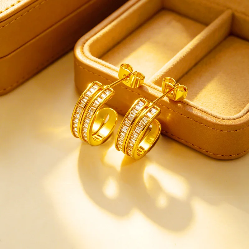 

Luxury 24K 9999 Pure Gold real gold C- shaped ring earrings women's stud earrings