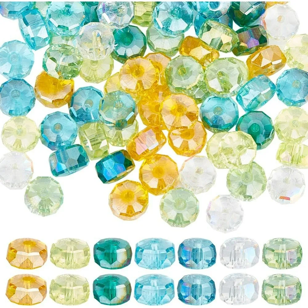 

150Pcs Faceted Rondelle Glass Beads Tiny Glass Beads Bulk AB Colour Transparent Small Blue Yellow Loose Spacer Bead for Jewelry