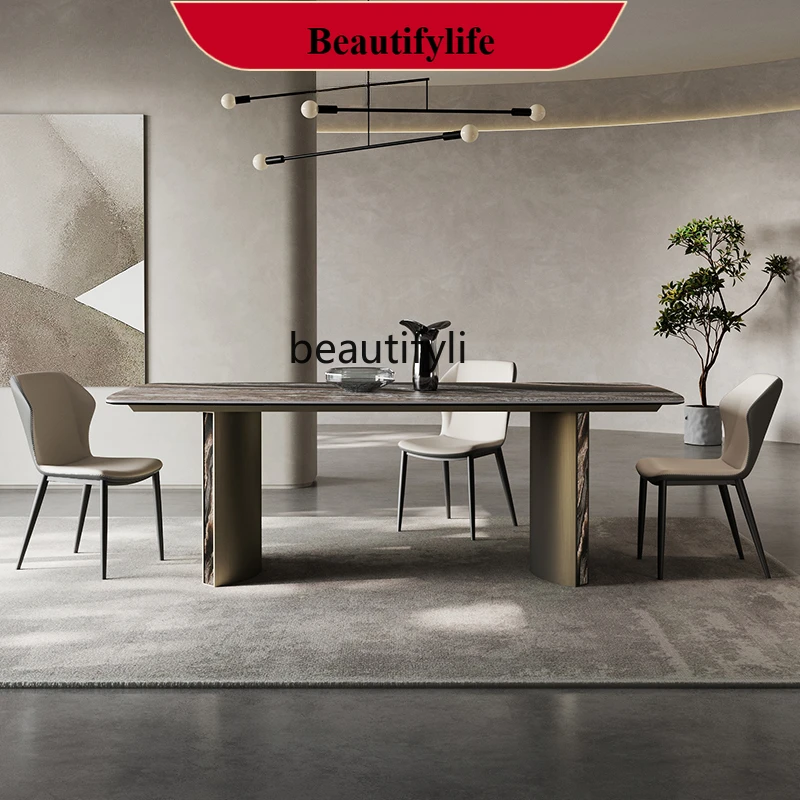 

z183 Rock slab dining table and chairs Italian light luxury large flat floor living room household rectangular dining table