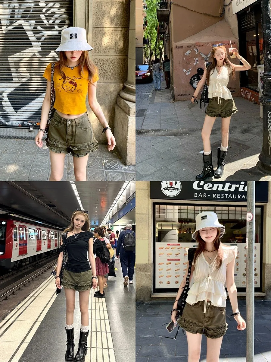 

Джинсовые шорты Ay Snow American Sweet Pea с двойным слоем, деревянной отделкой и цветочным узором, нейтральные, с высокой талией, широкие брюки-палаццо