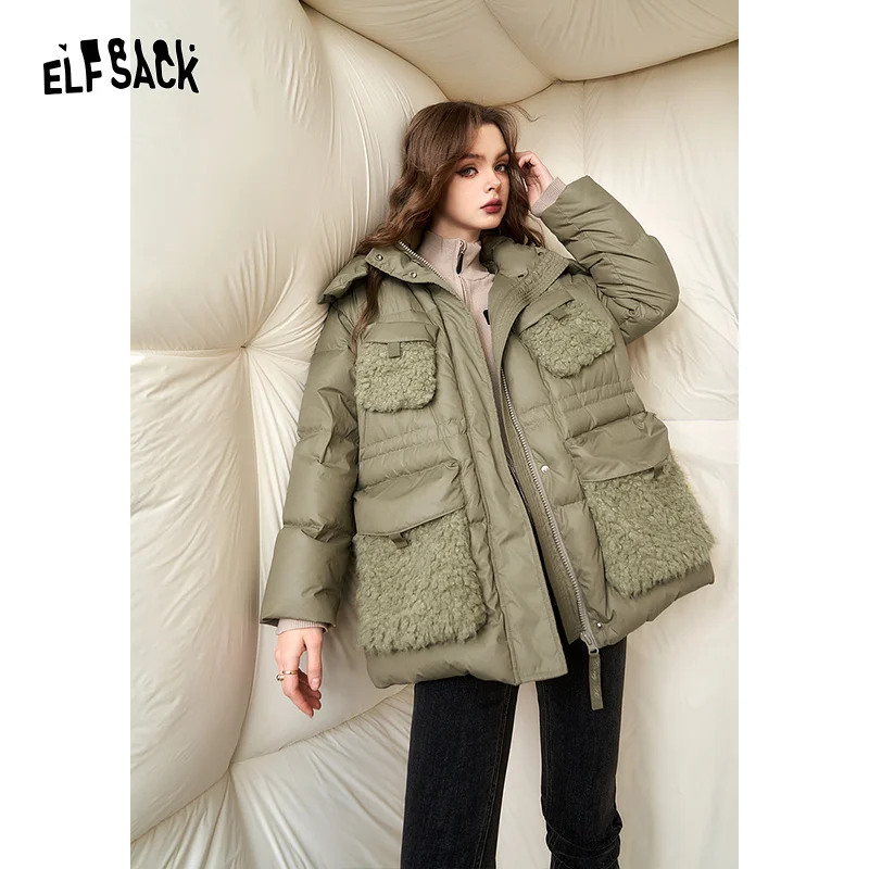 ELFSACK Spliced Thick Down Coats Women 2023 Winter New Korean Fashion Designer Jackets