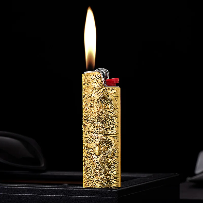 Full size BIC J6 Lighter Cover Inquiry 3D Flying Dragon Relief Metal Case Exploration proof Armor Large Holder