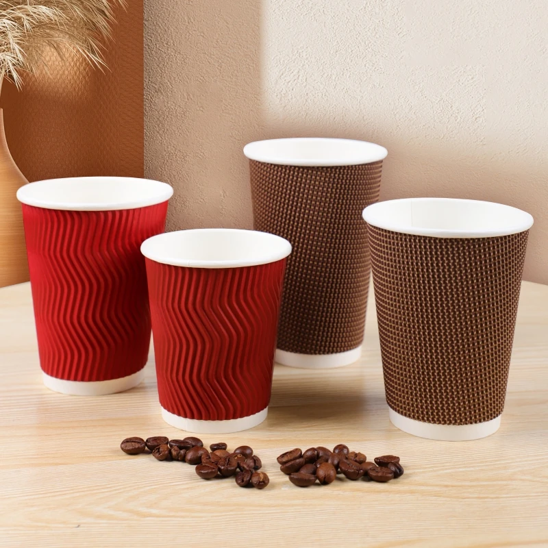 8/14/16oz 50Pcs Disposable Coffee Cups , Rippled Triple‑Wall Takeaway Hot Cups, Insulated Paper Cups for Home and Office Use