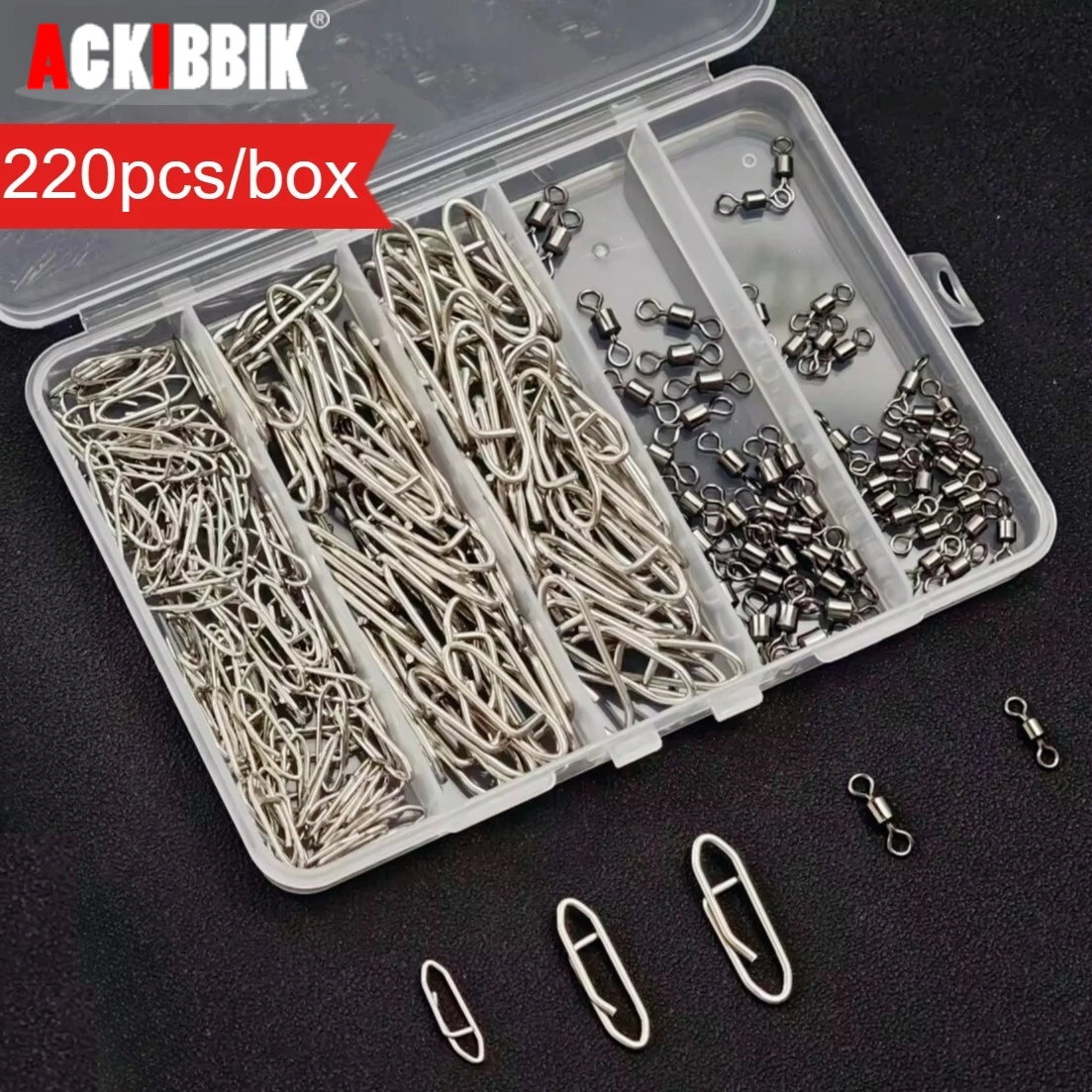 220 Stück/Box Angelwirbel-Sortiment-Set, Rollwirbel, Schnellverbinder, Angelhaken, Angelausrüstungsset, Meeresangelzubehör