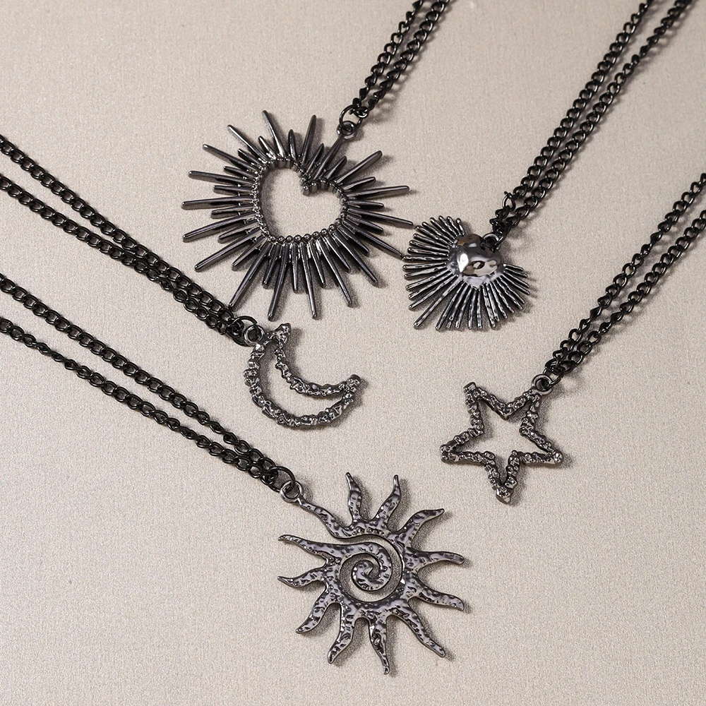 Aihua Hip-Hop-Halskette mit Herz-Sonnen-Stern-Anhänger in Gunmetal-Schwarz für Damen und Herren, Punk-Halskette mit schwarzem Seil, Choker, Halsschmuck, Geschenke – Detail 2