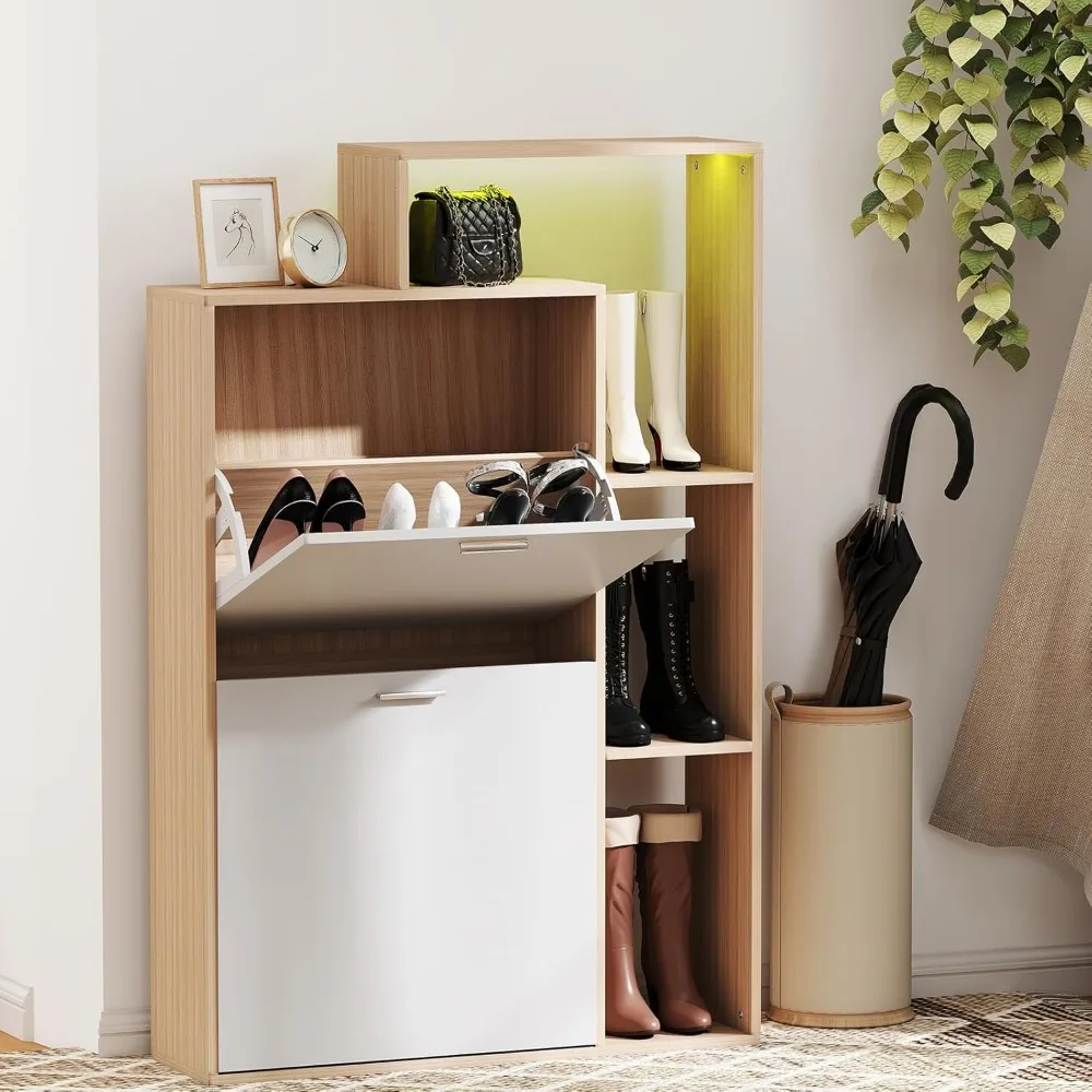 

Shoe Storage Cabinet with LED Light, Modern Narrow Shoe Cabinet with 2 Flip Drawers, Wooden Freestanding Shoe Organizer Cabinet