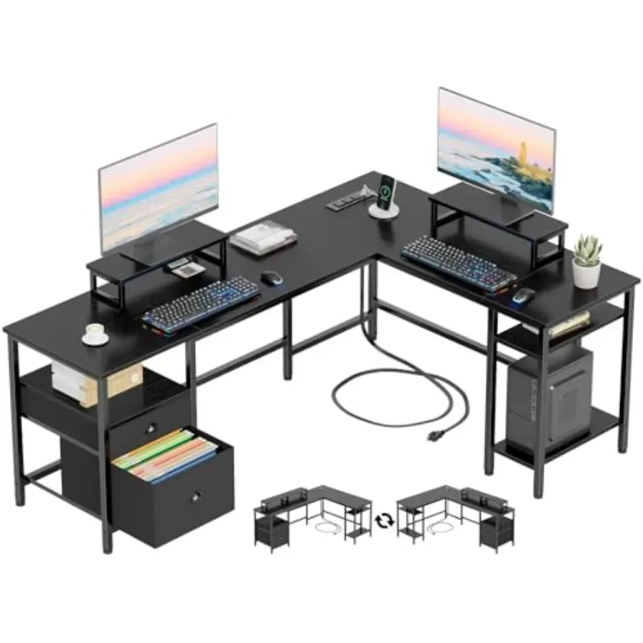 L Shaped Desk with 2 Drawers and Power Outlet for home office use, engineered wood in white, scratch-resistant surface and cabl