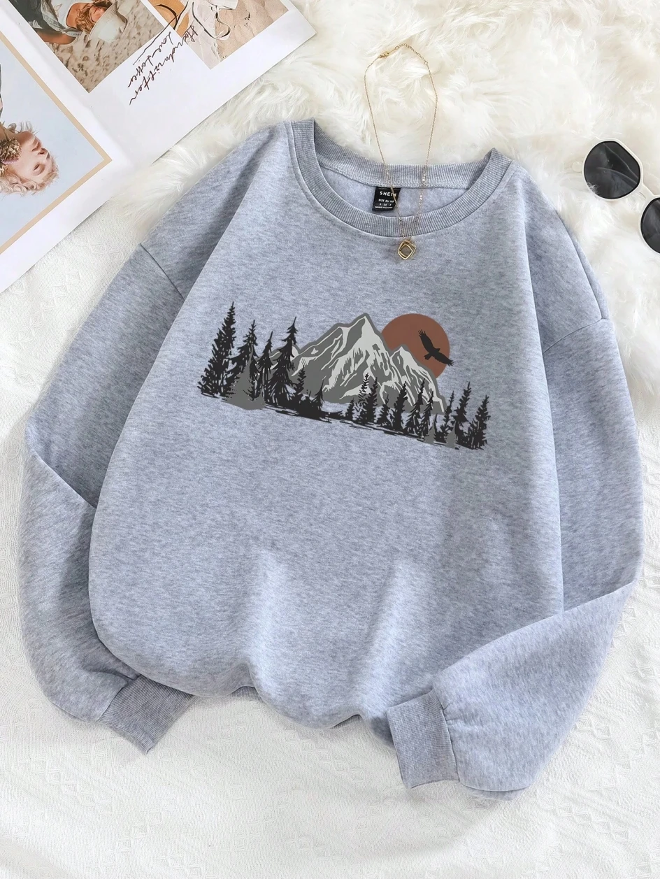 Forests&mountains Printing Sweatshirts Women Harajuku Soft Pullover Fashion Warm Clothing Loose Crewneck Fleece Female Hoodies