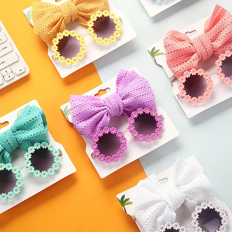 Sun Flower Sunglasses Bow Hairband Set Cute Baby Girls Hair Accessories Newborn Head Bands Summer Beach Photography Props 2Pcs