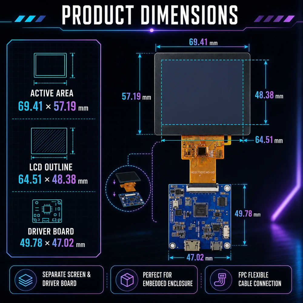 3.17 Inch TFT LCD Display Module HD 1024*760 IPS Full View Screen Modules HDMI JD9168 Driver IC MIPI RGB Interface 40Pin USB 5V
