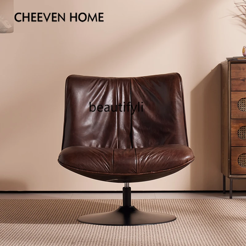 Light luxury high-end leather rotating sofa chair retro oil wax leather home office chair leisure chair