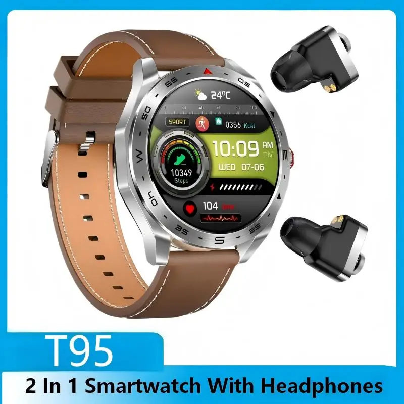 

Умные часы T95 премиум-класса для бизнеса с наушниками, металлическим корпусом, HD-экраном с полным круговым сенсорным управлением, HIFI-звуком 9D, уведомлениями о сообщениях и функцией Bluetooth-звонков.