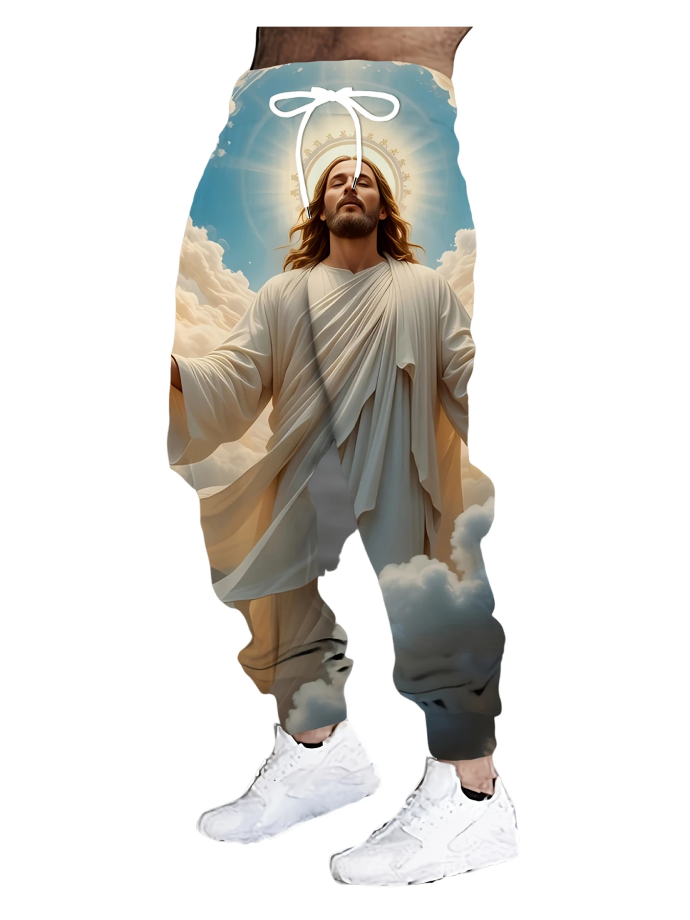 

New Men's 3D Jesus Print Casual Pants Outdoor Breathable Pants Stylish Drawstring Streetwear Trousers Mens Cuffed Pants