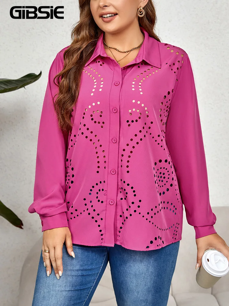 GIBSIE Plus Size Women Elegant Hollow Out Button Up Shirt 2023 Spring Fall Long Sleeve Loose Work Office Tunic Blouses Tops