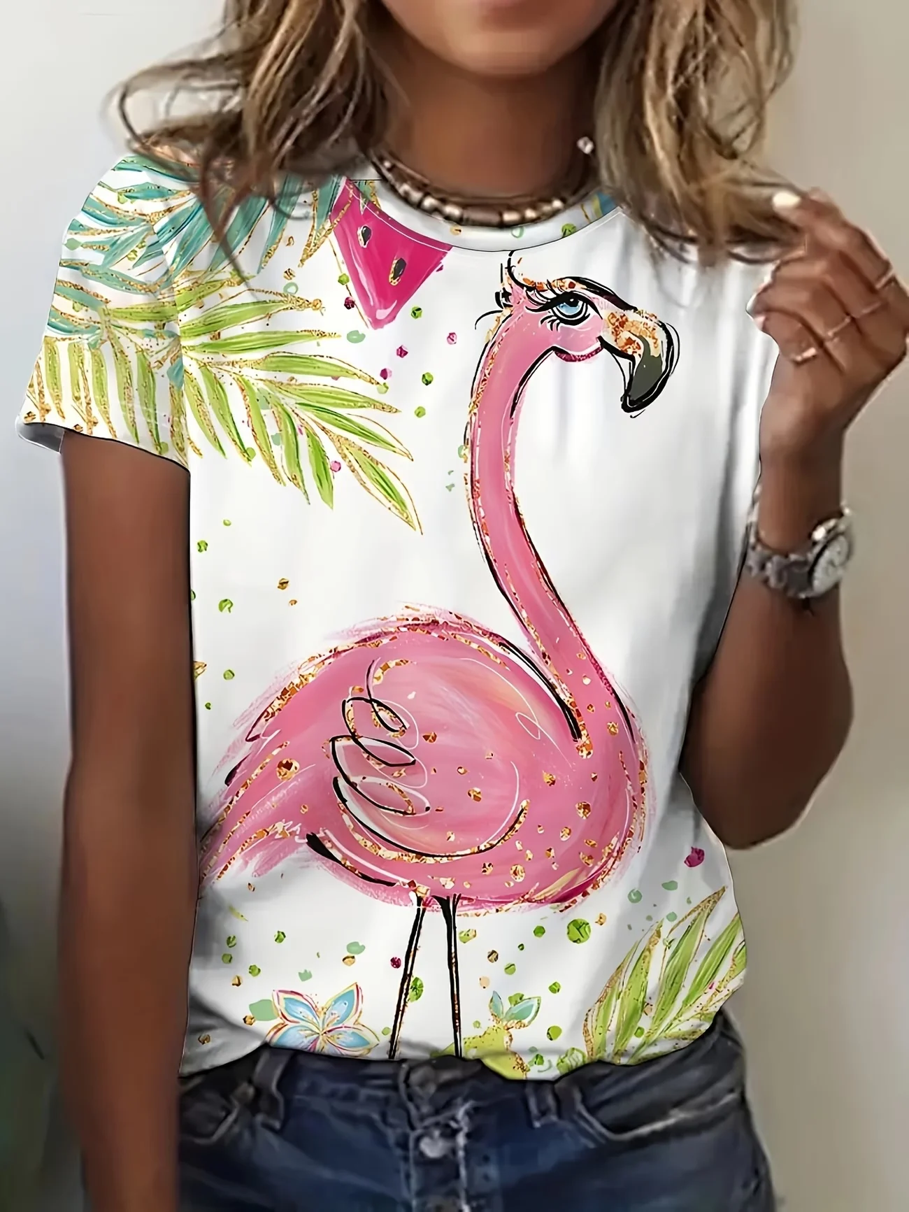 Watercolor Flamingo Tropical Tshirt Women Casual Short Sleeve Crew Neck Summer Beach Vacation Graphic Tee Funny Daily Wear
