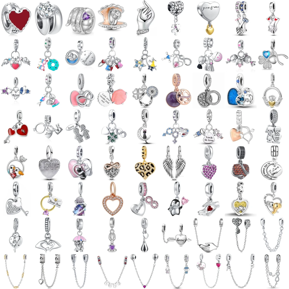 Pendentif en Argent Sterling 925 avec Breloque Cœur d'Amour, Pingouin, Chat, Aile d'Ange, Symbole Infini, Chaîne de Sécurité, Bijou Cadeau Saint-Valentin
