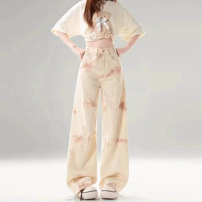 FlowerTie Dye Printed Loose Straight Leg Jeans for Women with High Waist Wide Legs and Floor Length Pants