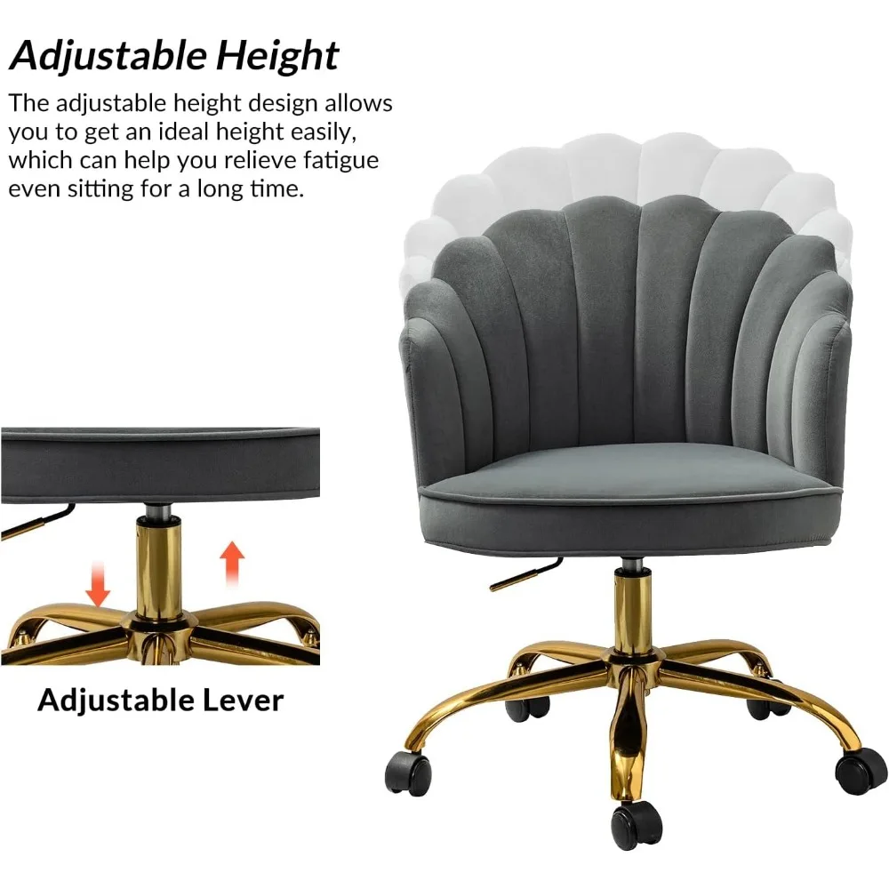 كرسي مكتب منزلي مخملي، كرسي مهام كمبيوتر دوار منجد حديث مع ظهر شل وقاعدة ذهبية، ارتفاع Adj