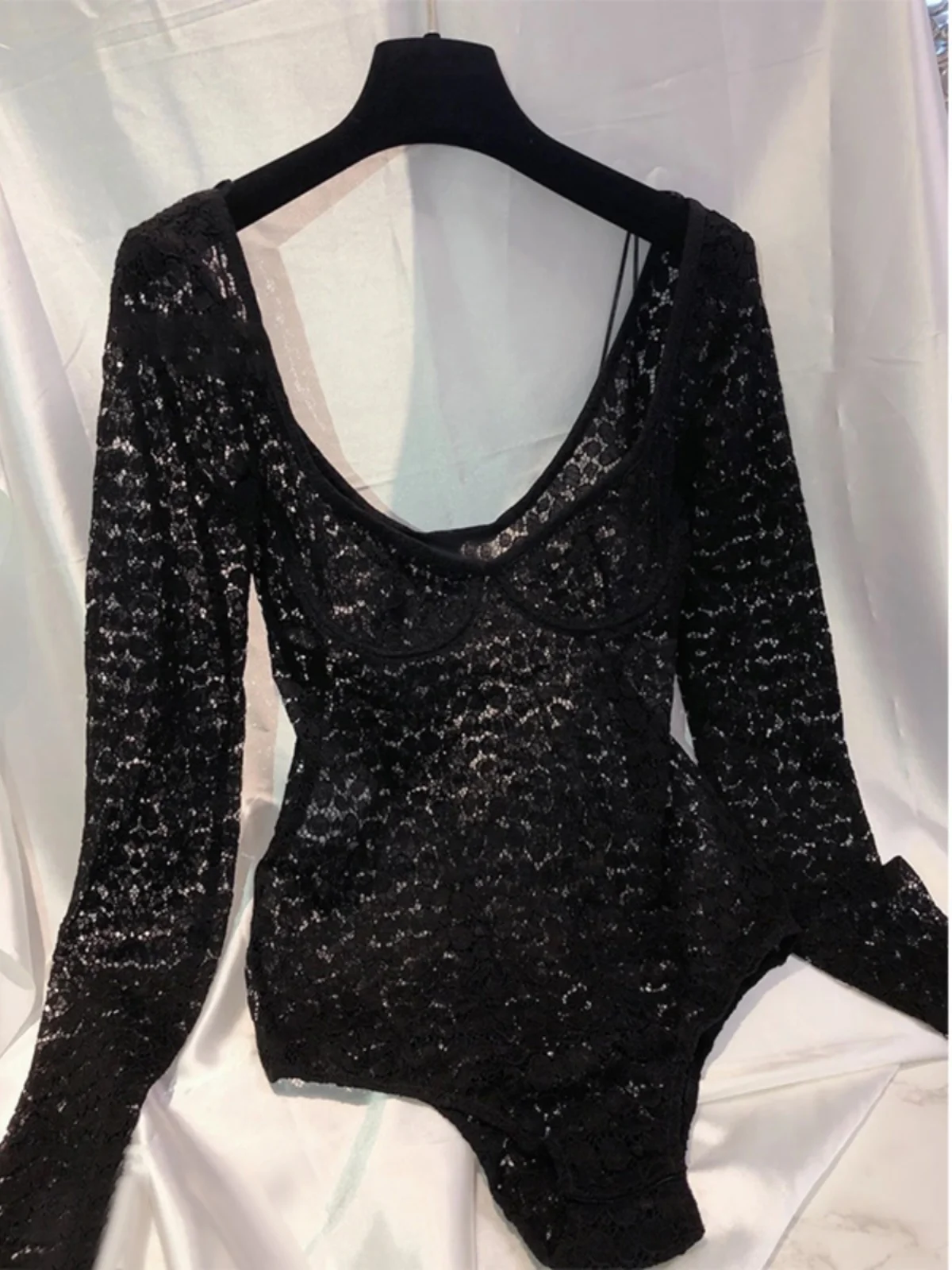 

Sexy Lace Jumpsuit Long Sve Slim Fit Base Layer angfang Sle Women's Straight Tube Pants High Waist ort Pants Polyester