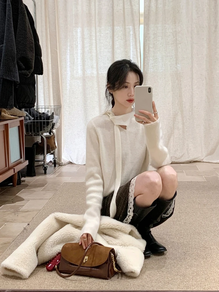 

BRIVIN Нежный женский вязаный свитер с длинными рукавами, белый, универсальный, на всю зиму, новинка, премиум-качество