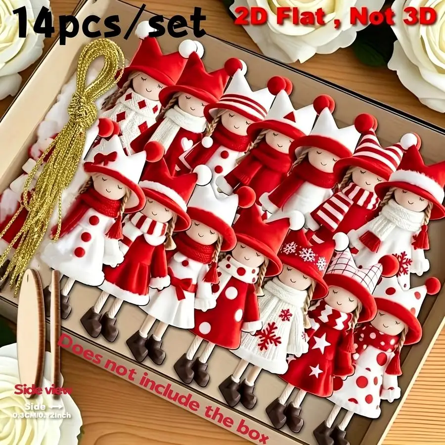 1/5/10/20/50/100pcs 2D Design, 2D Design - 14-Piece Classic Red and White Wooden Christmas Hat Hanging Set - Tree Decorations, T
