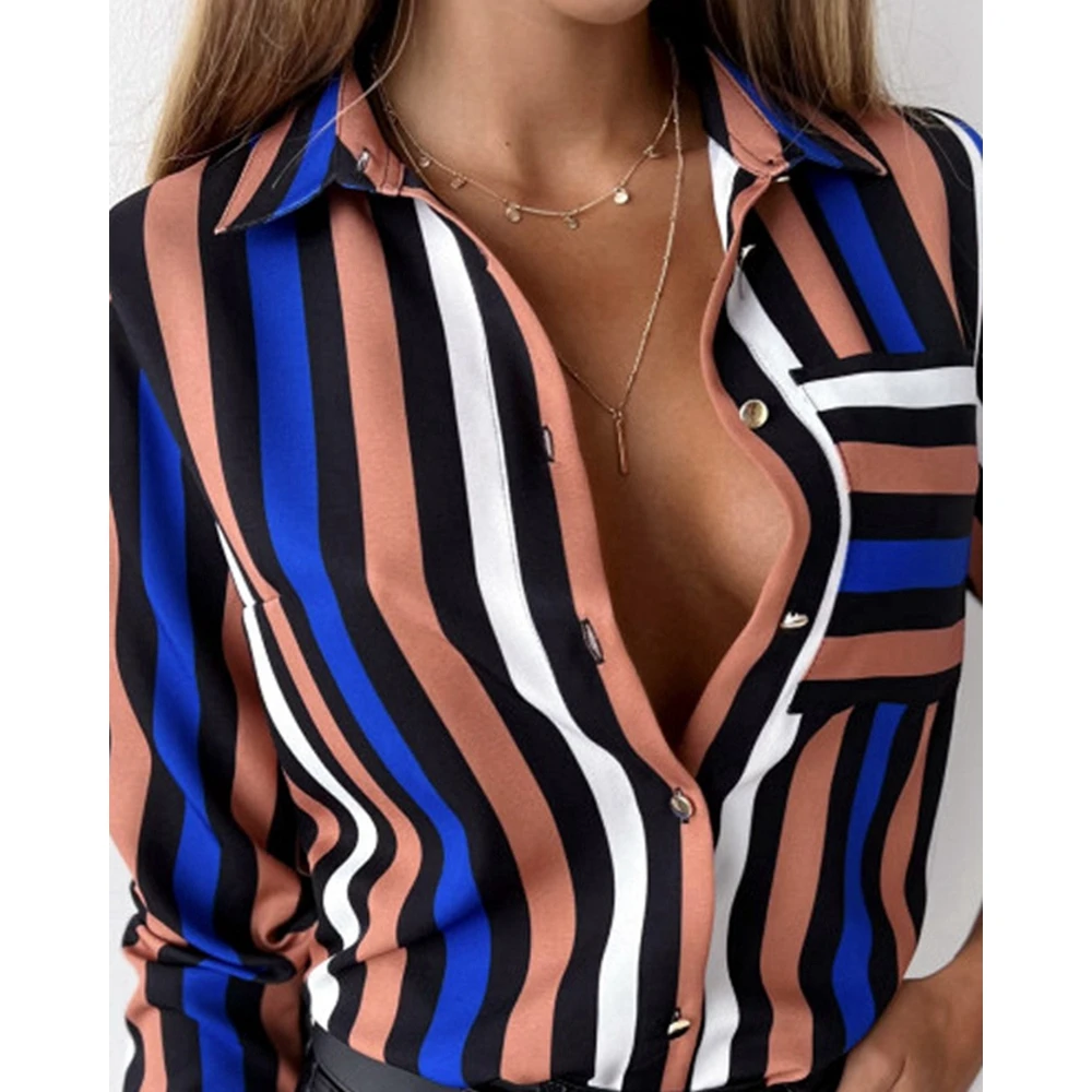 Striped Colorblock Turn-down Collar Long Sleeve Women Blouse Fashion Elegant Office Femme Casual Shirt Top Workwear Free Ship