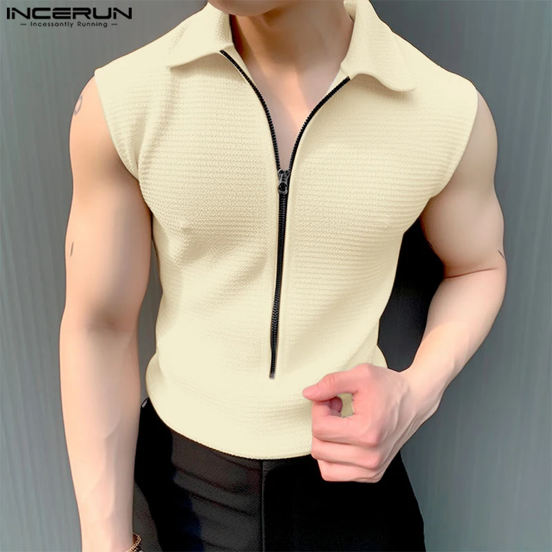 INCERUN 남성용 지퍼 디자인 티셔츠, 단색 라펠 민소매 상의, 캐주얼 스트리트웨어, 패션 S-5XL 2024